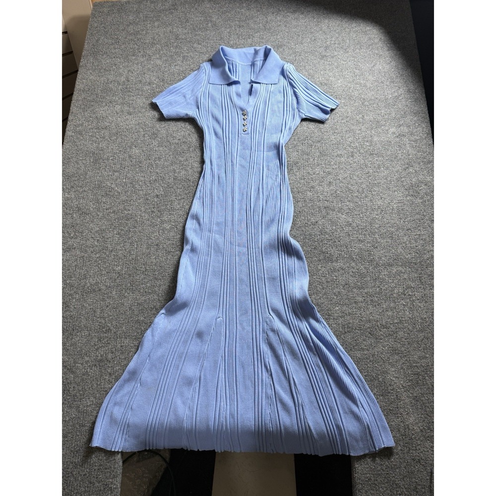 Womens Sky Blue Ribbed Knit Polo Maxi Dress Short Sleeve Flower Buttons 3X